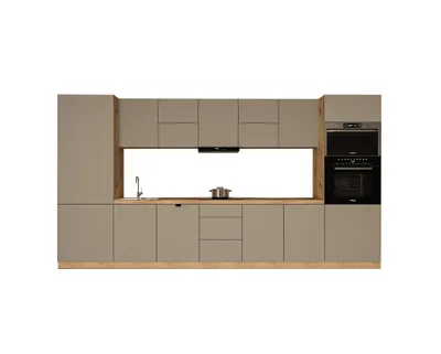 Produktbild von Küchenzeile 420 cm mit Mikrowellenumbauschrank Küchenblock Kühlumbauschrank Ohne Arbeitsplatte Einbauküche, Langen KL12-M420, Beige/Matt