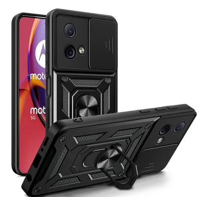 A black phone case with a ring holder and camera cover is shown from two angles, with a phone partially visible behind it.