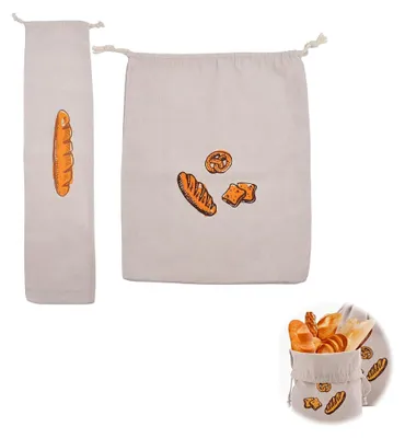 Produktbild von 2er Set Leinen Brotbeutel in zwei Größen (30x40cm & 15x66cm) wiederverwendbar zur Aufbewahrung von Brot, Baguette, Obst und Gemüse