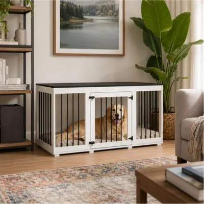 Produktbild von Große Hundebox mit 1 Gittertür, für 1 Hund, für Innenbereich, Wohnzimmer, Weiß, MDF + Metall, 137 x 57 x 70 cm