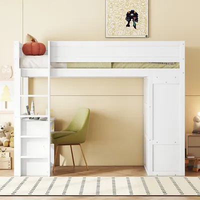 Image de Sweiko lit mezzanine 90x200cm, lit d'enfant polyvalent, équipé d'une armoire, d'un bureau et de tiroirs, blanc