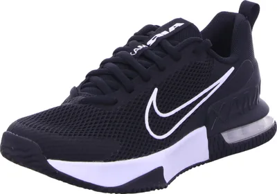 A black Nike Air Max Alpha Trainer 6 sneaker with white accents is shown from a side angle against a white background.