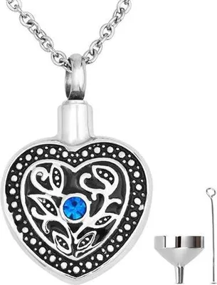 Productafbeelding van Luxe ashangertje met 55 cm ketting, geschikt voor as, haar of parfum - Herdenkingssieraad met asvulling en opbergzakje - Blauw hart