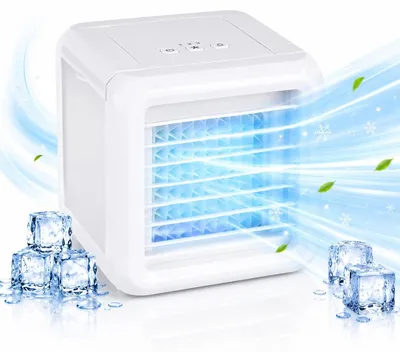 Obrázok produktu pre Lifetime Air Mini Air Cooler – mobilná klimatizácia bez odvodného hadice, ventilátor s vodným chladením – zvlhčovač vzduchu s 3 rýchlosťami a 2 chladiacimi prvkami – 16 x 16 x 16,5 cm