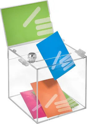 Produktbild von Losbox aus Acrylglas in 150x150x150mm mit Schloß und Topschild DIN A6 Quer - Zeigis® / Spendenbox / Aktionsbox / Gewinnspielbox / transparent / durchsichtig / Acryl /abschließbar / versperrbar