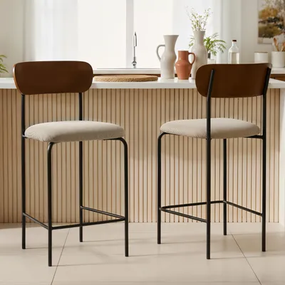 Produktbild von Set aus 2 Barhockern, 66 cm hoch, Eschenfurnier, beigefarbener Cordbezug und schwarze Meta