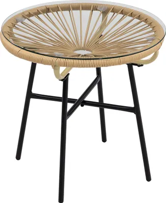 Produktbild von Gartentisch im Boho-Stil. PE-Rattan. geh?rtetes Glas. wetterbest?ndig. 50?cm x 50?cm x 50?cm. Beige