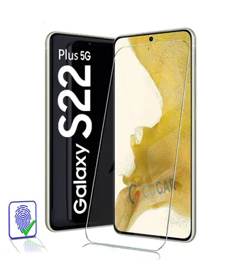 A screen protector is shown in front of a Samsung Galaxy S22 Plus 5G phone.