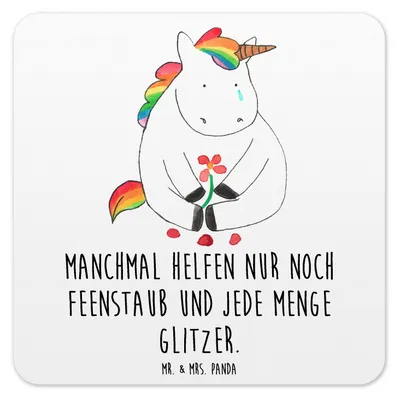 Produktbild von Mr. & Mrs. Panda Tassenuntersetzer Einhorn Traurig 15er Set - Weiß - Geschenk, Untersetzer für Gläser, Glitzer, Coaster, Tischuntersetzer, Freunde, Unicorn, Blume, Liebe