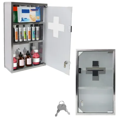 Produktbild von Medizinschrank abschließbar Edelstahl mit Sicherheitsglas Tür 3 Fächer 50 x 30 x 12 cm