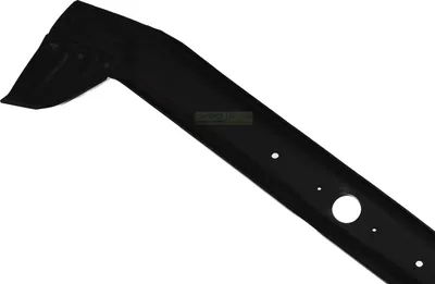 A black metal lawnmower blade is shown against a white background.