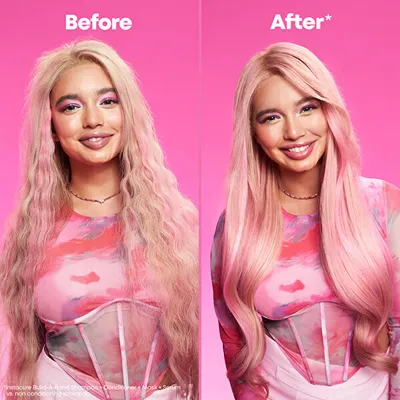 A split image showing a woman's hair before and after using a hair product.
