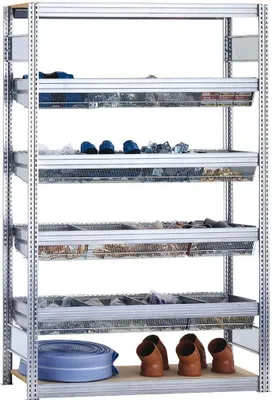 Produktbild von Kleinteileregal FALKE Stecksystem mit Gitterwannen | Grundregal | HxBxT 200x129x40cm | 6 Ebenen | Fachlast 150kg | Verzinkt