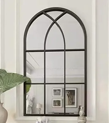 Imagen del producto de Espejo de pared de 75 x 120 cm, diseño de ventana, espejo decorativo para colgar. Marco de aluminio y bronce. Espejo de pared con forma arqueada, ideal para salones, pasillos, entradas, espacios exteriores y decoración de jardines