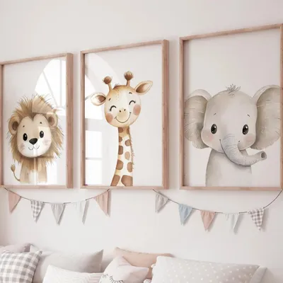 Produktbild von Kinderzimmer Poster, 3 Stück, Safaritiere, Leinwand, für Kinderzimmer
