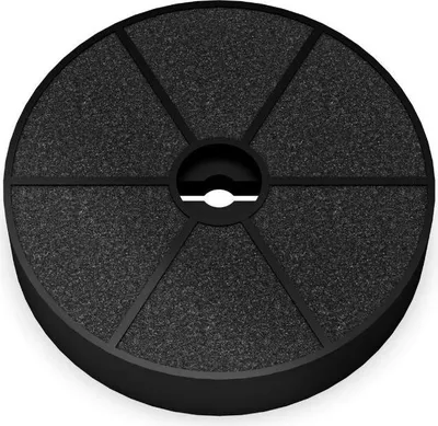 A circular black carbon filter with a gray speckled surface, divided into six segments by black lines, with a central black hub containing a white oval shape.