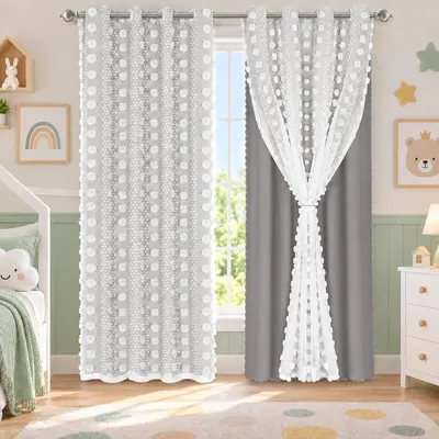 Immagine prodotto di 2 tende oscuranti per cameretta, tende a doppio strato con pompon, passacorda per soggiorno o camera da letto, colore grigio chiaro, dimensioni 132x243 cm