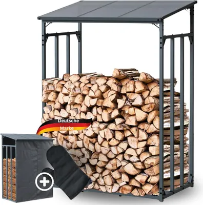 Produktbild von DELUKE® Kaminholzregal Außen mit Dach ELOS - 130x70x185cm | Metallrahmen, Inkl. Ofenhandschuh | Brennholzregal außen Brennholzunterstand Kaminholzunterstand Holzlager