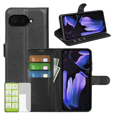 A collage of images showing a black leather wallet case for a Google Pixel phone, with cards and money inserted, and the phone displayed in the case.