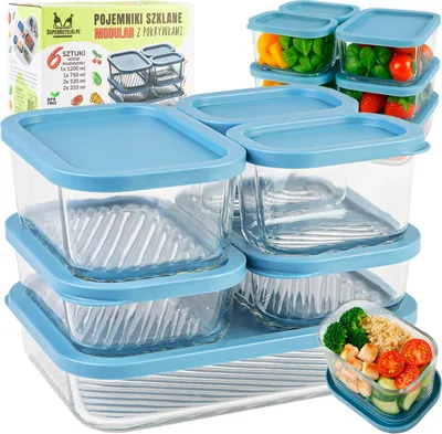 Zdjęcie produktu dla SuperButelki - 6x Pojemniki szklane MODULAR do przechowywania żywności z plastikowymi pokrywkami, komplet pojemników do lodówki