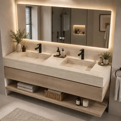 Produktbild von Badmöbel-Set mit Sinterstein-Doppelwaschbecken in Travertine look, verdecktem Ablauf, Spiegel, Unterschrank, Ablage, Ablaufgarnitur【NF6848-140K】