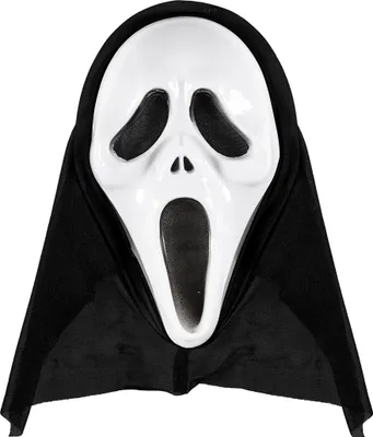 A white screaming ghost mask with a black hood against a white background.