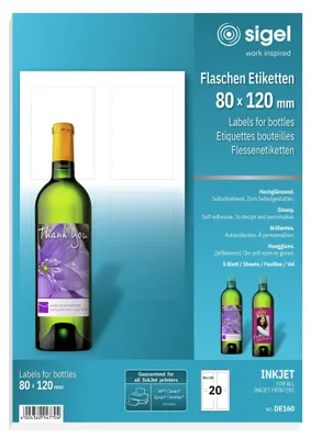 Zdjęcie produktu dla sigel etykiety na butelki do drukarek atramentowych, 80 x 120 mm, 85 g/m²