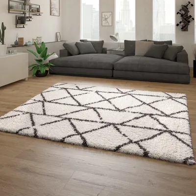 Image de Tapis à poils longs Salon Shaggy Poils longs Moderne Skandi Losanges Gris Crème Dimensions 120 x 160 cm