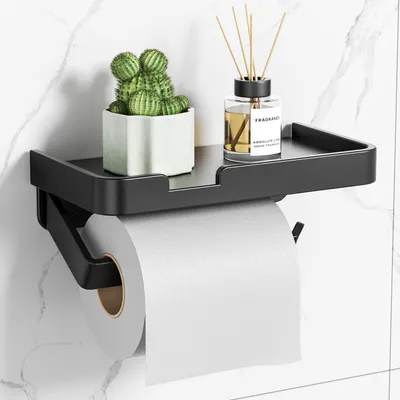 Produktbild von Toilettenpapierhalter mit Ablage, bohrfreier Toilettenpapierhalter zur Montage mit Kleber oder Schrauben – mattschwarz