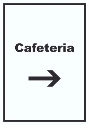 Produktbild von Cafeteria Schild mit Text und Richtungspfeil rechts Selbstbedienung hochkant A4 Rückseite selbstklebend