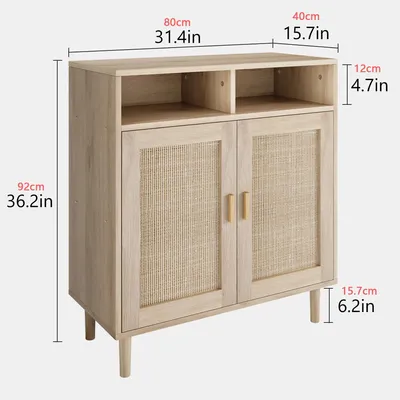 Image de Buffet en rotin - Buffet de cuisine à 2 portes - Design Mid-Century - Espace de rangement avec étagère de 80 cm - Bois massif et MDF - Chêne naturel