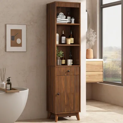 Produktbild von Flieks Badezimmer-Hochschrank, vertikal geriffelte Fronten mit wendbarem Links-Rechts-Türdesign, Schrank mit Schublade, Standschrank, Walnussfarben