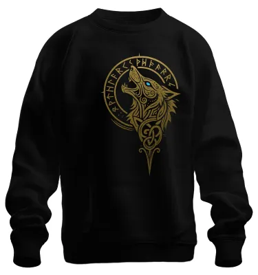 Immagine prodotto di Viking Wolf Nordic Fenrir Runes Wolf Head Celtic Gold Unisex Felpa Pullover, Nero, XXL