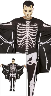 Produktbild von Fledermaus Skelett Halloween Kostüm Gruseliger Tierlook Verkleidung Schwarz Weiß Unheimlich Flügel Design, Größe: 48 - 50 (M) Farbe: Schwarz / Weiß