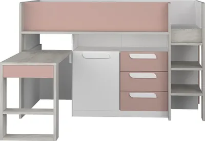 Produktbild von Hochbett mit Schreibtisch & Stauraum - 90 x 200 cm - Rosa, Naturfarben & Weiß - LOUKALA