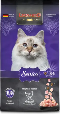 A bag of Leonardo Senior cat food with a picture of a cat on the front.