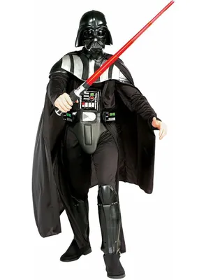 A person dressed as Darth Vader holding a red lightsaber.