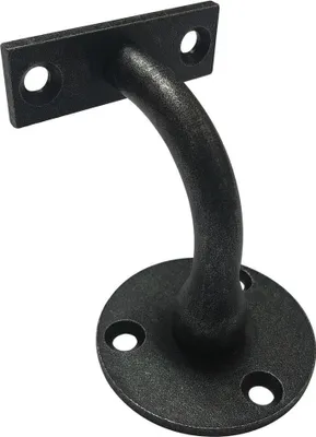 A black metal handrail bracket is shown against a white background.