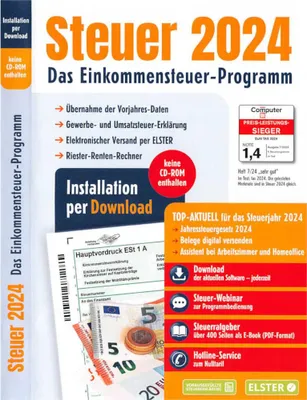 A product cover for tax software, showing the software title, features, and a sample tax form with Euro currency.