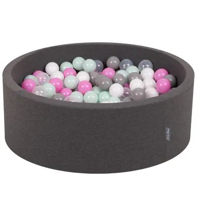 Obrázok produktu pre KiddyMoon 90x30cm/200 loptičiek ∅ 7cm Okrúhly Detské penové loptičky  vyrobené v EÚ, Tmavo šedá: Priehľadná/Sivá/Biela/Ružová/Mäta: