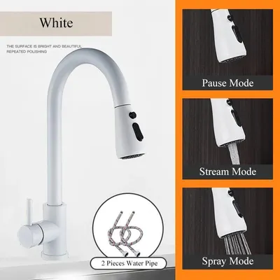 Immagine prodotto di Miscelatore per cucina – Miscelatore estraibile per lavello – Rotazione a 360° – Acqua calda e fredda – Monocomando, installazione con un foro – Ottone con cartuccia in Vetroceramica – Bianco