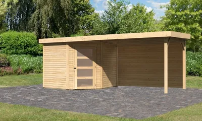 Produktbild von Karibu Gartenhaus Gerätehaus Schwandorf 5 im Set mit Anbaudach 2,80 m Breite und 19 mm Rückwand naturbelassen 496,5x246x218 cm