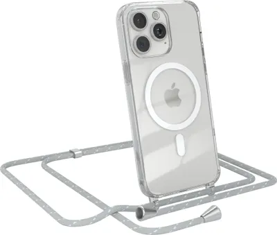 Produktbild von EAZY CASE - Handykette kompatibel mit Apple iPhone 15 Pro Max Kette zum Umhängen Stoßfest Handyhülle für Apple iPhone 15 Pro Max Silikon Hülle mit Band Transparent als Fallschutz in Grau/Weiß - Clips Silber