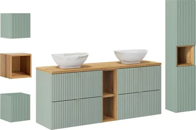 Produktbild von Doppelwaschtisch und Hängesäule 140.4cm Jade mit 4 Schubladen, Grün und Holzoptik