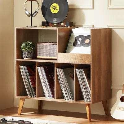 Image de Range-disques support pour disques vinyles - Bois massif - 80 x 40 x 82,5 cm - Pour 300 disques - Avec rangement