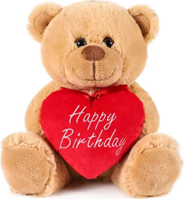 Obrázok produktu pre BRUBAKER Plyšový medvedík so srdiečkom červený - Happy Birthday - 25 cm - Plyšový medvedík plyšová hračka - hnedá svetlohnedá