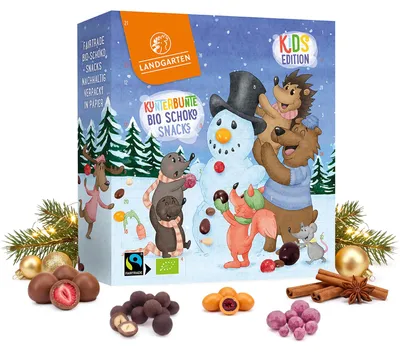 Produktbild von Landgarten Bio Adventskalender 2026 SCHOKOLADE – 24 köstliche Bio Schoko-, Frucht- & Nuss-Kreationen, Adventskalender mit liebevollen Weihnachtsmotive