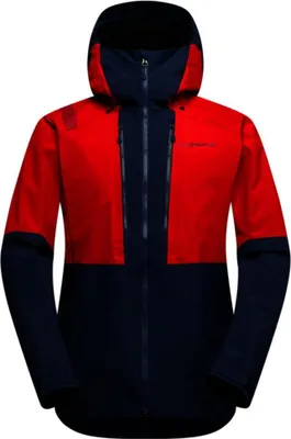 Rote und dunkelblaue La Sportiva Supercouloir GTX Pro Jacke mit Kapuze und Reißverschluss vorne
