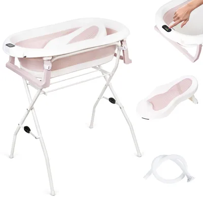 Produktbild von moovkee Babybadewanne mit Gestell 80cm Rosa Faltbar mit Thermometer, Badesitz und Abflusssystem – Babywanne für Neugeborene mit Ständer