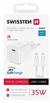 Image de Swissten, GaN Chargeur rapide USB-C 35W avec câble USB-C de 1,2 m, blanc